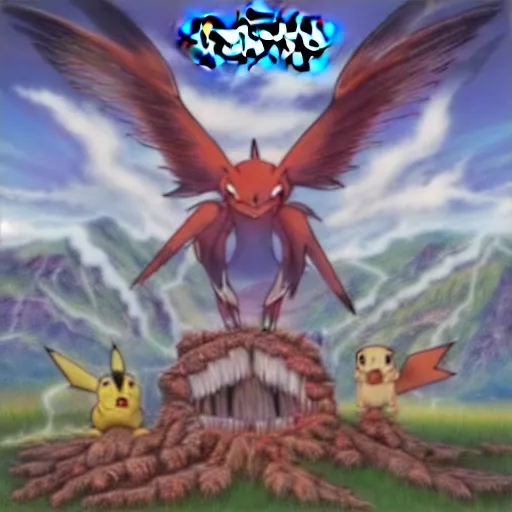 Prompt: of pokemon on iron maiden album cover, scary dystopian surrealism style, 8 k resolution hyperdetailed