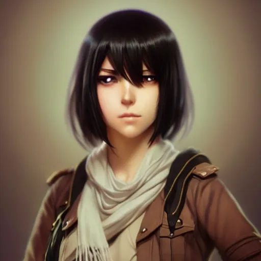 Image similar to mikasa ackerman, bokeh, beautiful face!!!!, 2 7 years old, cg animation, lifelike, animated, realistic, character select portrait, by artgerm, greg rutkowski, alphonse mucha, 3 d