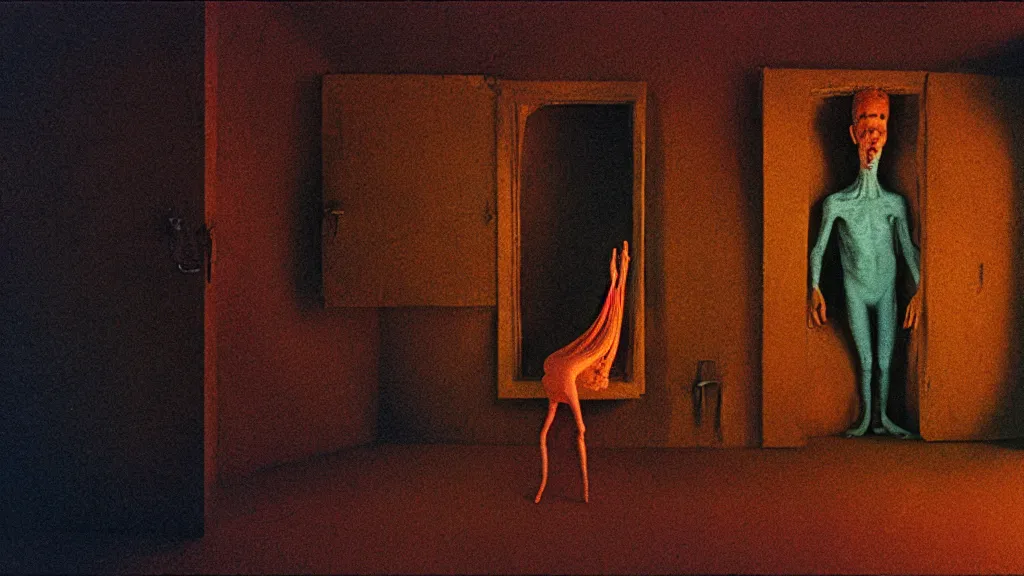 Prompt: the strange creature in the box in the attic, they look at me, film still from the movie directed by wes anderson and david cronenberg with art direction by salvador dali and zdzisław beksinski, wide lens