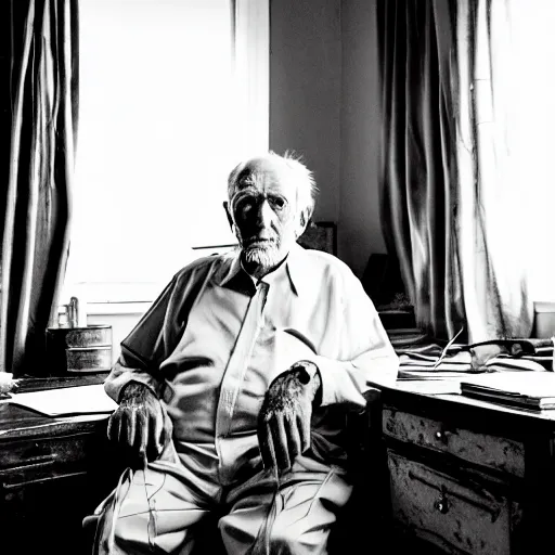 Image similar to Portrait of a very old grandpa sitting at a very old desk, with very old curtains in the room. The desk has a very old phone on it. Dusty air. Interview.