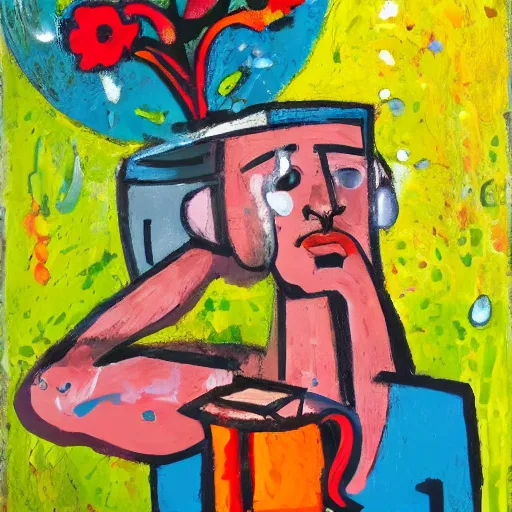 Image similar to man pouring water on head, flowers are in a pot on his head, the pot is part of his head, abstract expressionism, oil on canvas