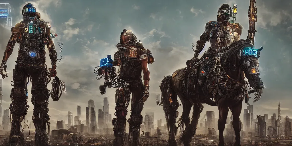 Image similar to highly detailed render of cyberpunk horsemen of the apocalypse, hyperrealistic, 8 k