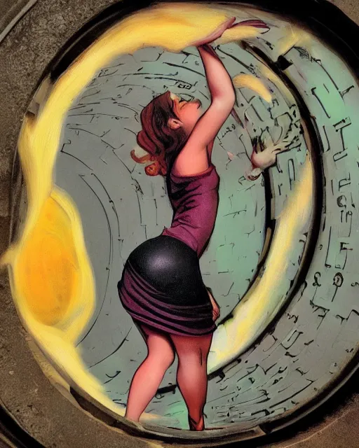 Prompt: attractive young woman peering into manhole cover open swirling into another dimension, surreal, ralph bakshi