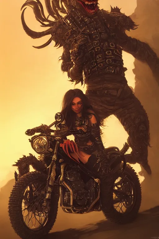 Image similar to hell mutant motorbiker, highly detailed, d & d, fantasy, highly detailed, digital painting, trending on artstation, concept art, sharp focus, illustration, global illumination, ray tracing, realistic shaded, art by artgerm and greg rutkowski and fuji choko and viktoria gavrilenko and hoang lap, sunny