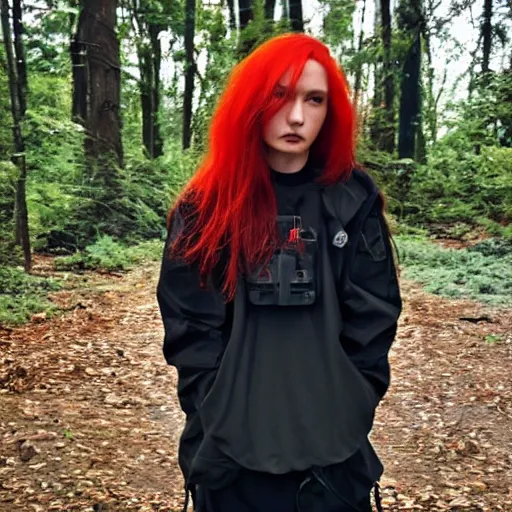 Prompt: beautiful red haired woman in techwear, warcore look and clothes, ACG, ACRNYM, Rick Owens, trending on r/streetwear, outfit photo