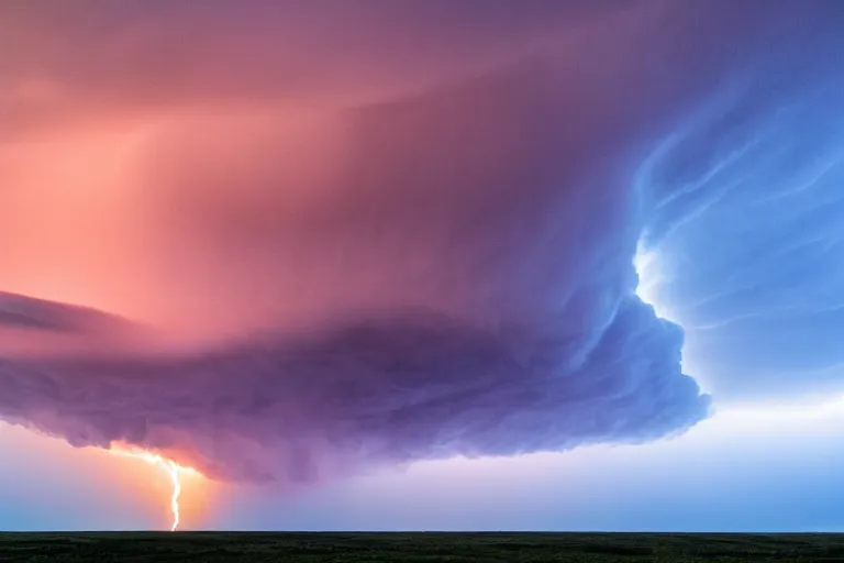 Image similar to a photo of a supercell thunderstorm, illuminated from various angles by the setting sun, cinematic