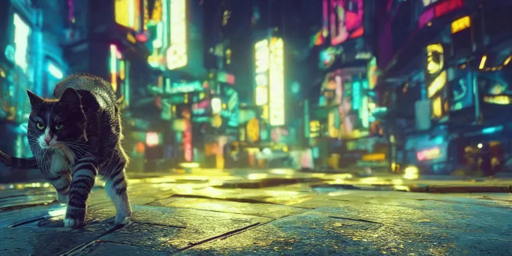 Prompt: “A beautiful photo of a cat walking in the streets of night city, cyberpunk 2077”