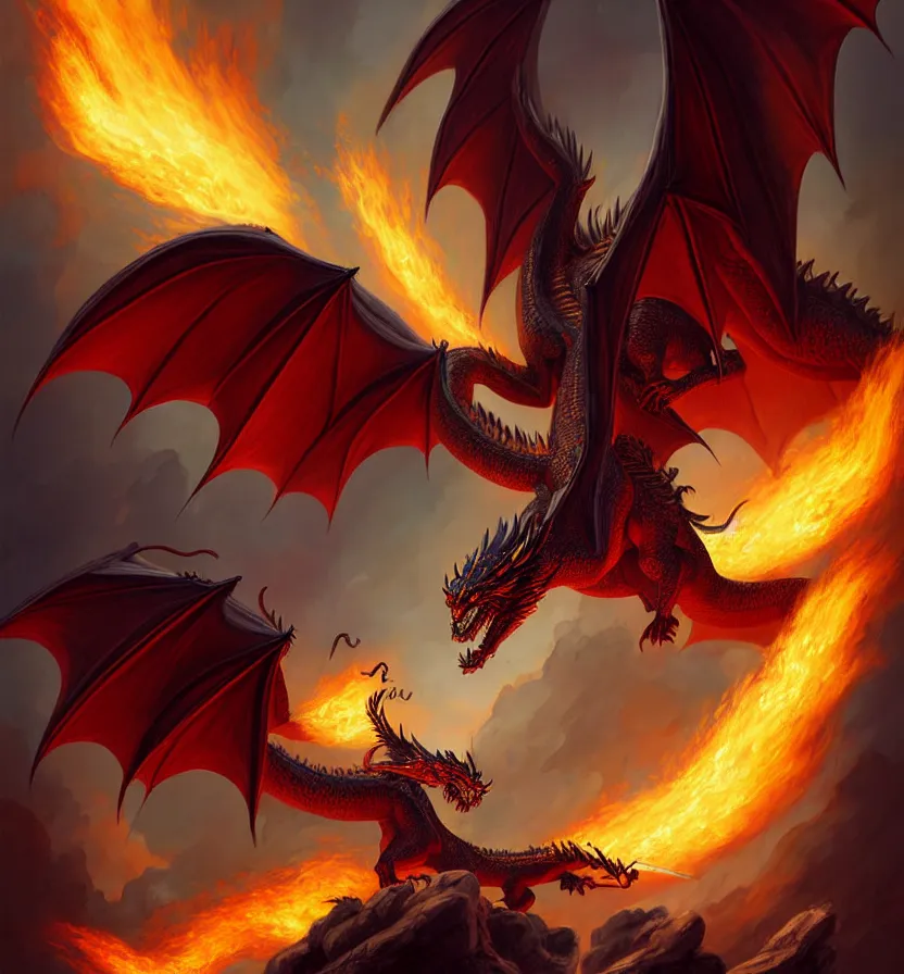 Prompt: fantasy literature style illustration of a dragon with huge wings, flames, smoke, rich details, artwork by andreas rocha and james gurney