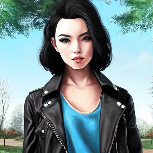 Prompt: woman with black hair and a leather jacket in a beautiful park, art by artgerm