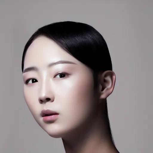 Image similar to photograph portrait bald korean japanese goddess of beauty neutral expression face straight on headshot even lighting no hair