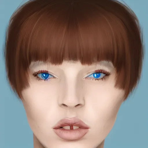 Prompt: a white woman with light blue eyes, a fringe that goes below the eyebrows, a brown mole on the middle of the right cheek and hair that goes down to her shoulders, head and shoulders shot, digital art