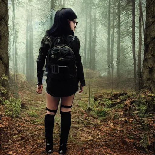 Prompt: young lady with green and black hair wearing black military style clothing backpack long sword glow misty forest rendered