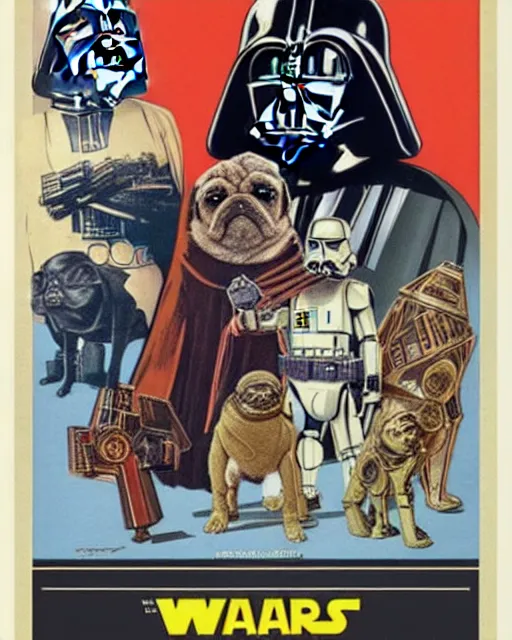 Image similar to vintage star wars movie poster by tom jung, with pugs droids and a darth vader helmet that looks like a pug face