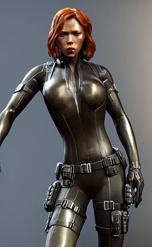 Image similar to black widow, bronze statue and silver, unreal engine, high detailed