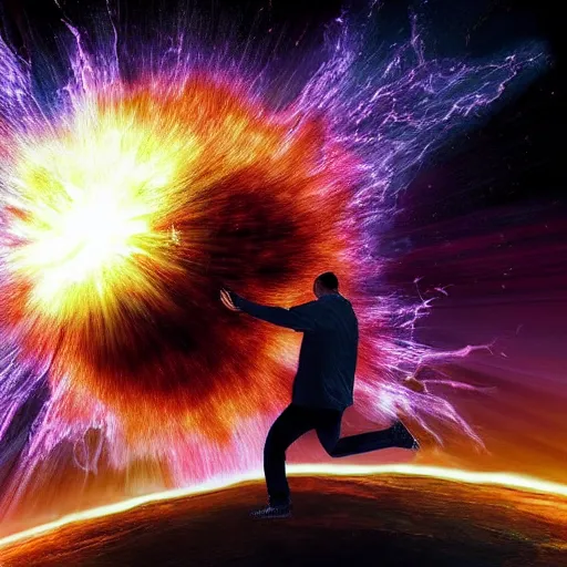 Image similar to man facing an exploding supernova. photorealism. epic.