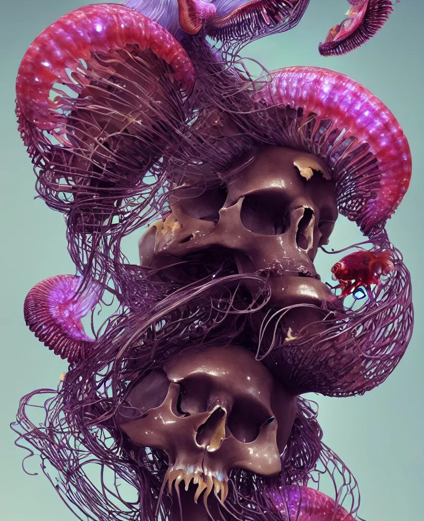 Image similar to goddess close-up portrait animal skull. jellyfish phoenix head, nautilus, orchid, skull, betta fish, bioluminiscent creatures, intricate artwork by Tooth Wu and wlop and beeple. octane render, trending on artstation, greg rutkowski very coherent symmetrical artwork. cinematic, hyper realism, high detail, octane render, 8k