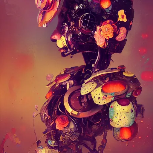 Prompt: surreal gouache painting, by yoshitaka amano, by ruan jia, by conrad roset, by kilian eng, by good smile company, detailed anime 3 d render of a mechanical melting android head with flowers growing out, portrait, cgsociety, artstation, modular patterned mechanical costume and headpiece, retrowave atmosphere