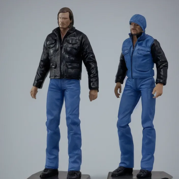 Image similar to a goodsmile figure of steve austin. a small, tight, undersized reflective bright blue round puffer jacket made of nylon. a black shirt underneath. dark jeans pants. a pair of big black rubber boots, figurine, detailed product photo