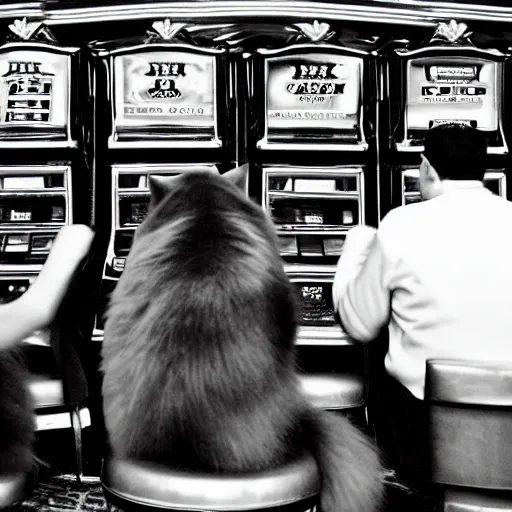 Image similar to cats sitting at the slot machines in a casino gambling and smoking cigarettes