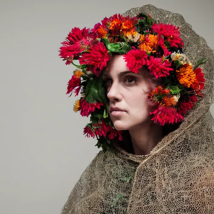 Prompt: a closeup portrait of a woman wearing a hood made of wire and zinnias, in an abandoned office building, by jan van eyck, canon eos c 3 0 0, ƒ 1. 8, 3 5 mm, 8 k, medium - format print