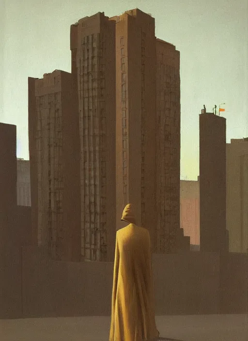 Image similar to woman dressed in paper bags, paper bags over the head on megapolis street, tall buildings, Edward Hopper and James Gilleard, Zdzislaw Beksinski, highly detailed