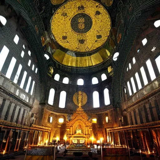 Image similar to dark green buddha being prayed in hagia sophia, dystopian universe