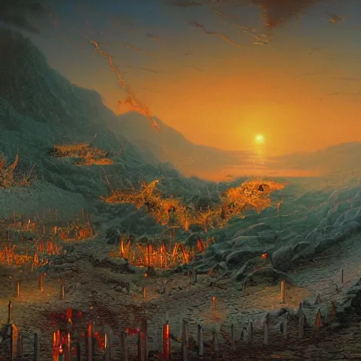 Prompt: a barren hellscape populated by demons, painted by thomas kinkade and wayne douglas barlowe, photorealistic