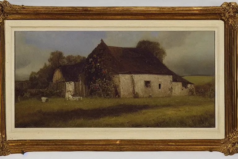 Image similar to a barn in the countryside, reamatic lighting, edward harrison compton