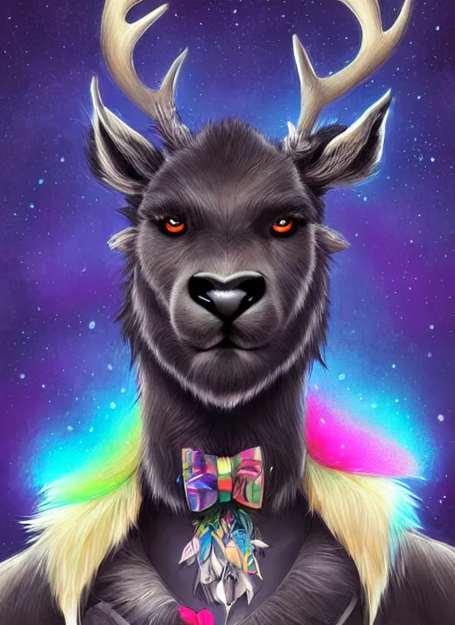 Image similar to award winning beautiful portrait commission of a male furry anthro Black Reindeer fursona with a tail, wings and a cute beautiful attractive detailed furry face wearing stylish black and rainbow galaxy clothes in a outerspace city at night while it rains. Character design by charlie bowater, ross tran, artgerm, and makoto shinkai, detailed, inked, western comic book art