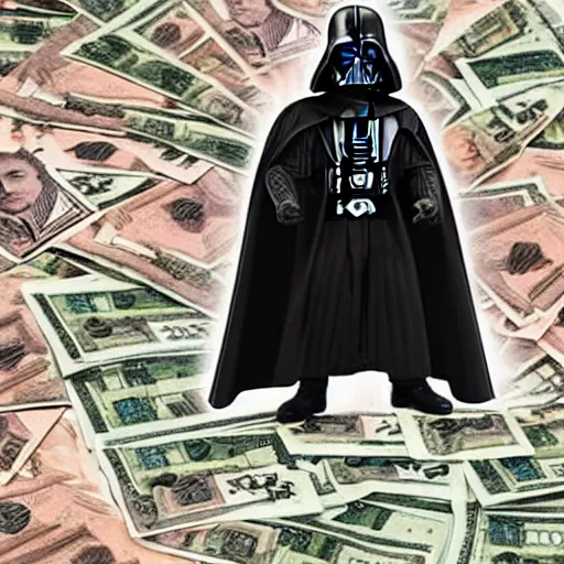 Image similar to Darth counting stacks of Money