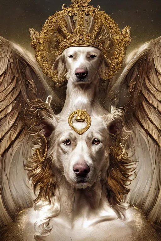 Image similar to a dog as god with a radiant halo and wings, detailed face, gorgeous, flowing hair, very muscular male body, partial anatomy, stormy and grand war scene, delicate and intricate borders for decoration, caesar victorious, proud Emperor, split lighting, intricate, highly detailed, 8K, digital painting, fantasy, concept art, sharp focus, close-up, art by greg rutkowski beeple and alphonse mucha