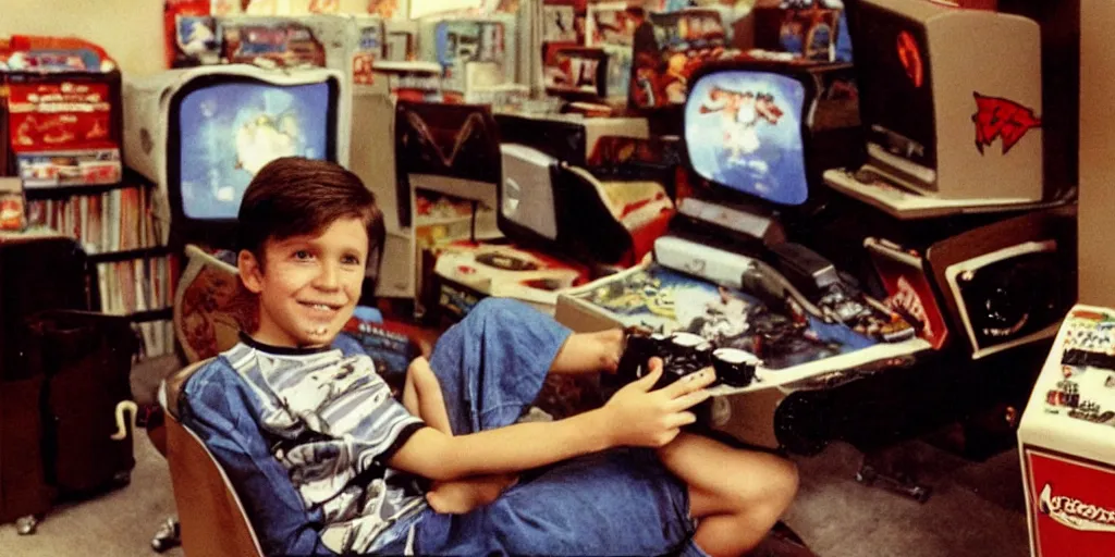 Prompt: boy playing video games in the 80s