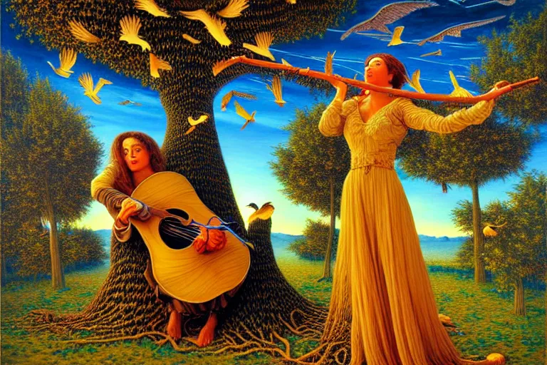 Prompt: oil painting, female playing the harph while birds are listening on the tree surreal, ultra realistic, wide angle, intricate details, artifacts, luminous skies, highly detailed, michael cheval, cinematic lighting