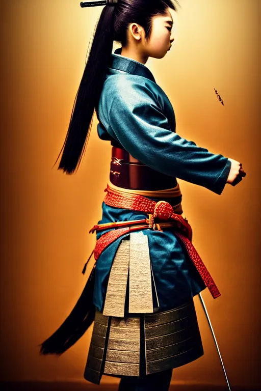 Image similar to highly detailed beautiful photo of a young female samurai, practising sword stances, symmetrical face, beautiful eyes, realistic anime art style, 8 k, award winning photo, pastels, action photography, 1 / 1 2 5 shutter speed, dramatic lighting