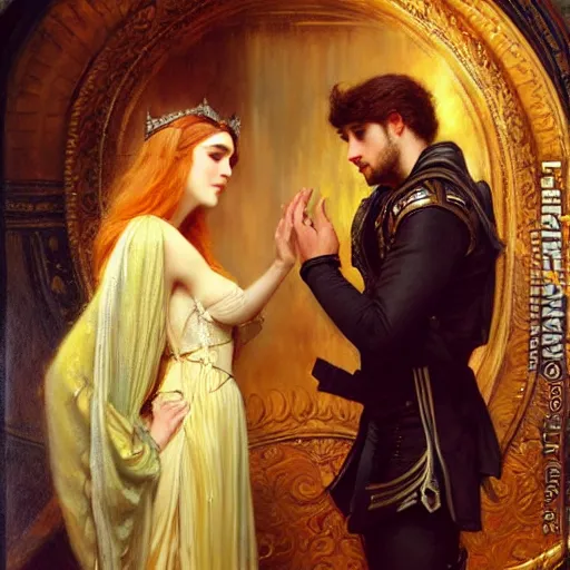 Image similar to attractive fully clothed king confesses his love for his attractive fully clothed male prince. highly detailed painting by gaston bussiere, tom bagshaw, j. c. leyendecker