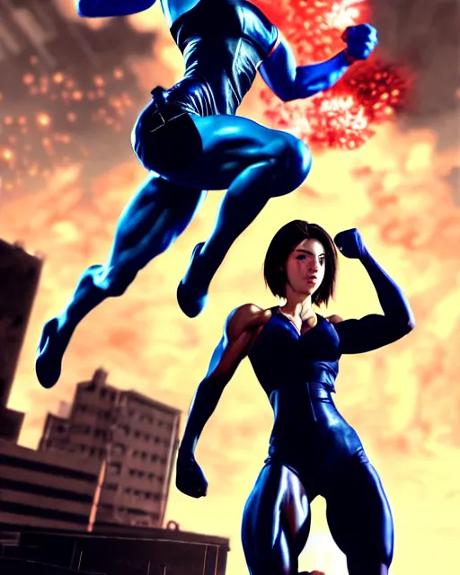 Image similar to gigachad jill valentine bodybuilder jumping in front of a atomic blast fighting wearing a suit in the fight club city, fantasy character portrait, ultra realistic, anime key visual, full body concept art, intricate details, highly detailed by greg rutkowski, ilya kuvshinov, gaston bussiere, craig mullins, simon bisley