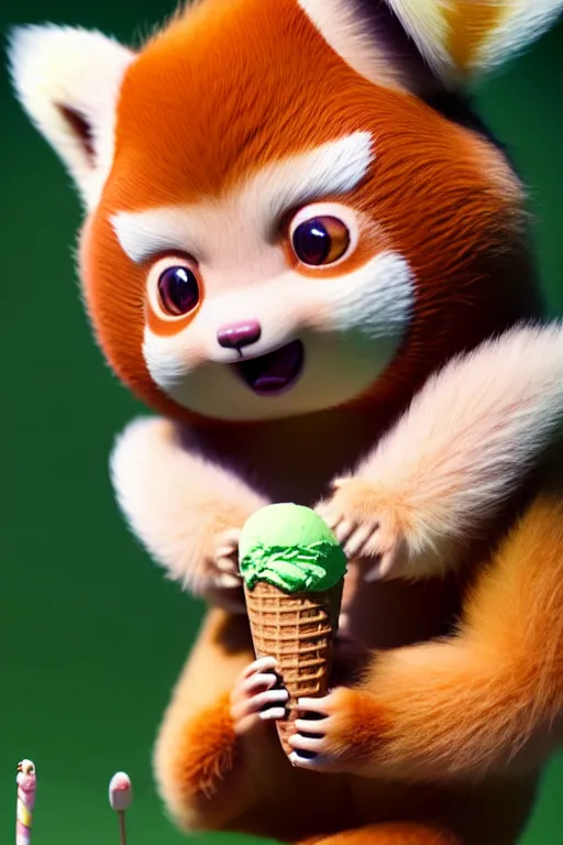 Prompt: high quality 3 d render hyperrealist very cute pastel fluffy! red panda & tarsier hybrid eating giant ice cream full body, very smooth, in the style of detective pikachu, charlie immer, very dramatic light, low angle, uhd 8 k, shallow depth or field