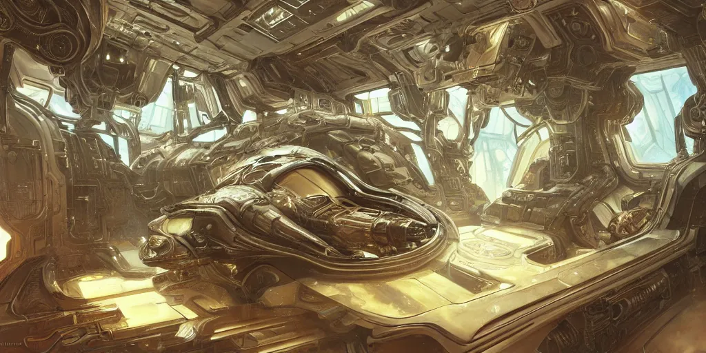 Image similar to ultra realistic illustration,, luxury spaceship interior from doom and warhammer 4 0 k, intricate, elegant, highly detailed, digital painting, artstation, concept art, smooth, sharp focus, illustration, art by artgerm and greg rutkowski and alphonse mucha
