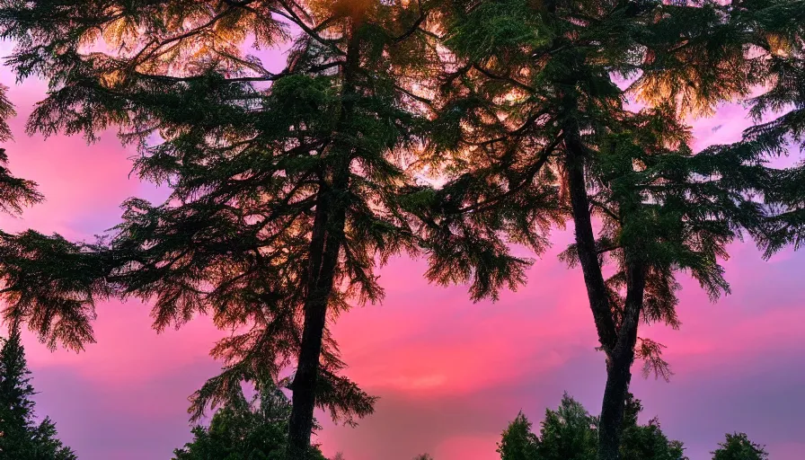 Prompt: tall lush evergreen trees beside a beautiful lake, pink clouds backlit by yellow sun, nostalgic, calming, aesthetic, vibrant colors, by greg rutkowsk, featured on artstation, wide angle, vertical orientation