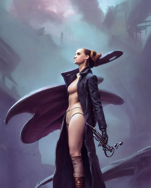 Image similar to beautiful fantasy character portrait, natalie portman, wearing oversized black trench coat, ultra realistic, wide angle, dramatic lighting, vultures, cyberpunk artifacts, highly detailed by peter mohrbacher, hajime sorayama, wayne barlowe, boris vallejo, aaron horkey, gaston bussiere, craig mullins