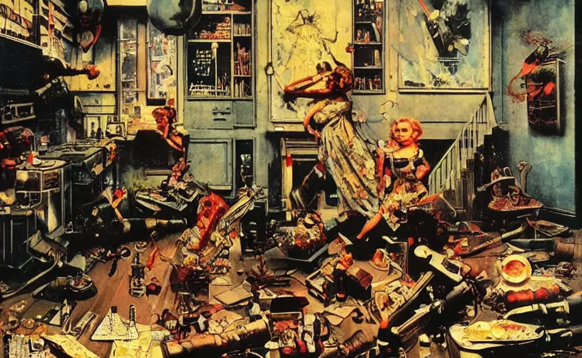 Image similar to exploding doll house. highly detailed science fiction painting by norman rockwell, frank frazetta, and syd mead. rich colors, high contrast, gloomy atmosphere, dark background. trending on artstation