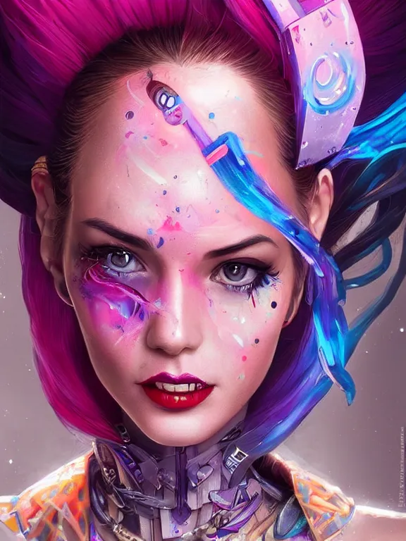 Image similar to a digital art portrait of Jinx from League of Legends,by tristan eaton,Stanley Artgermm,Tom Bagshaw,Greg Rutkowski,Carne Griffiths,trending on pinterest,face enhance,Cyberpunk,chillwave,maximalist,full of color,glittering