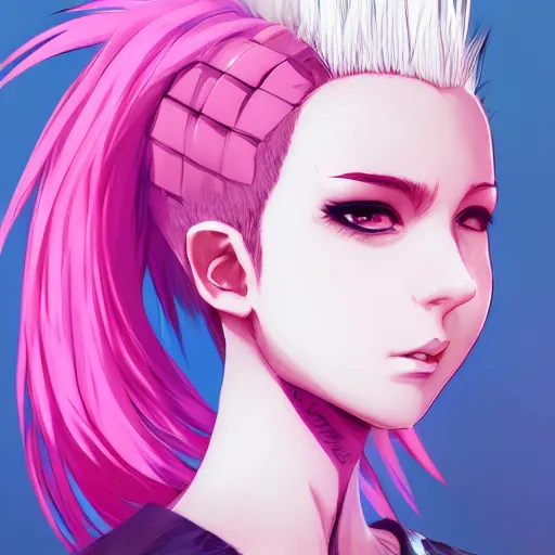 Image similar to full headshot portrait of anime woman with pink mohawk punk, digital art, drawn by WLOP, by Avetetsuya Studios, anime manga panel, trending on artstation, wearing a plaid shirt