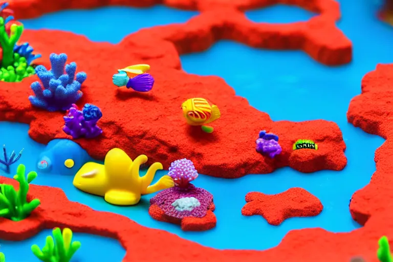 Image similar to fisher price coral reef, california, in 2 0 1 5, 8 k, scene from tv show hyper detailed 5 5 mm 8 5 mm, toy photography, made out of plastic