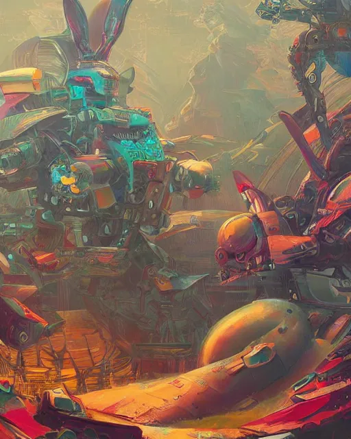 Image similar to mecha rabbit in wonderland, highly detailed, concept art, scifi, bizarre, abstract, colorful, sharp focus, trending on artstation, intricate, atmosphere, art by roman makarenko, dzung phung dinh