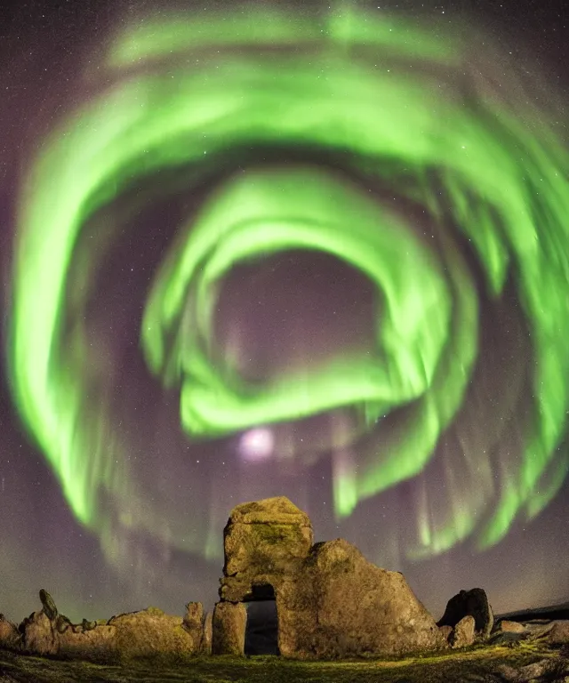 Prompt: stone gateway to another portal, green spiral light, aurora borealis, symmetrical, center focus, 2 0 0 mm, photorealistic