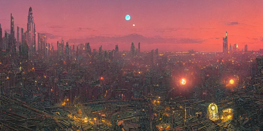 Image similar to A light blue star sinking behind a modern city skyline by Dan Mumford and Dean Ellis and John Atkinson Grimshaw and Anton Fadeev, sunset, purple sky, art nouveau