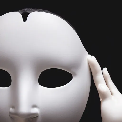 Image similar to professional photograph of a white porcelain mask, female face shaped, floating, black background, light source on top, front view