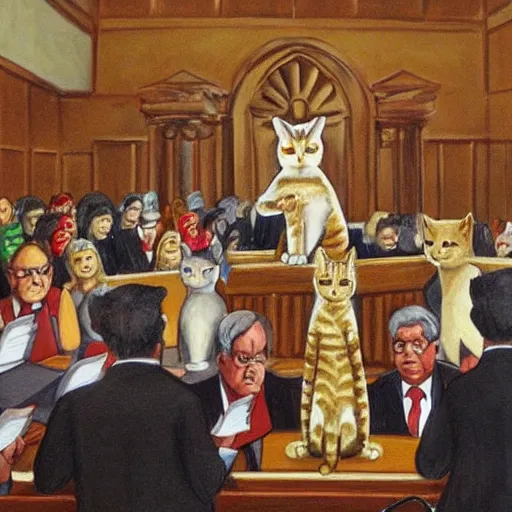 Prompt: Divine cat making a speech in the courtroom in front of the jury-anthropomorphic cats. Painting by Michele Angelo.