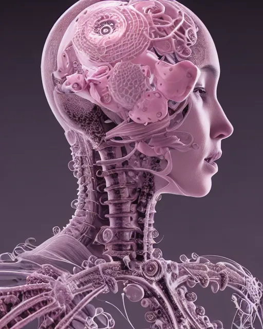 Image similar to mythical dreamy organic bio - mechanical spinal ribbed profile face portrait detail of translucent steampunk beautiful intricated monochrome angelic - human - queen - vegetal - cyborg, highly detailed, intricate translucent pale pink ivy jelly ornate, poetic, translucent roses ornate, 3 d render, digital art, octane render, 8 k artistic lithography